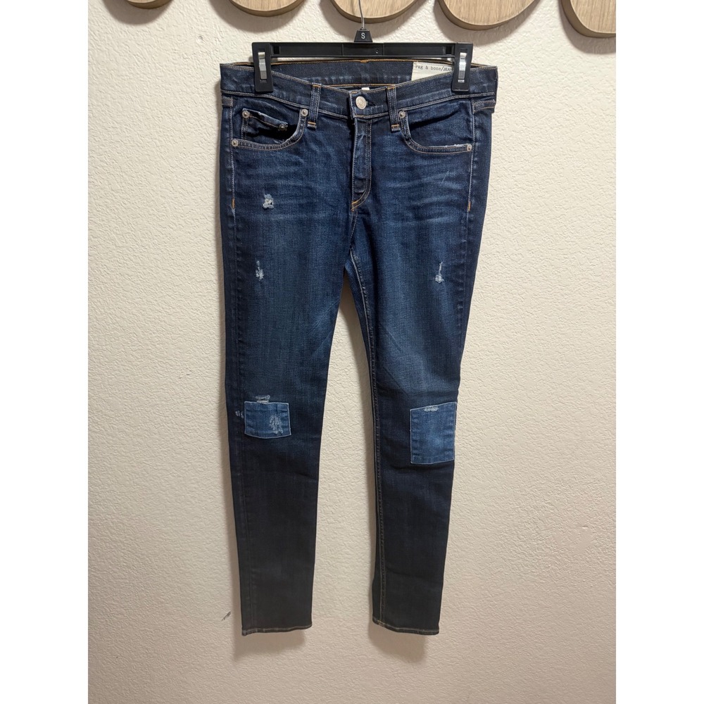 Rag & Bone JEAN Skinny Jeans Dark Wash Distressed Knee Patch Denim Size 28